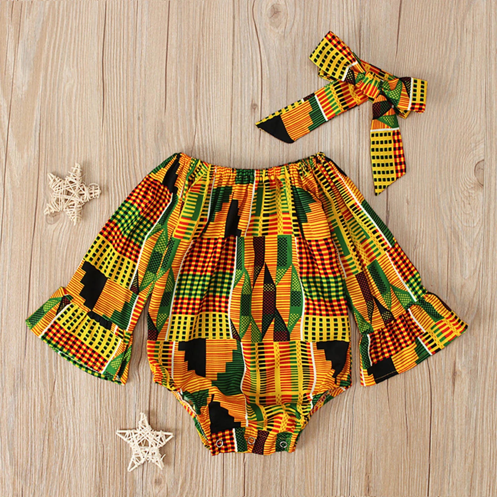 Toddler African Print Off Shoulder Romper+Headband Set Baby Girls Infant Outfits Cute Jumpsuit Hair Band Bodysuits Clothes