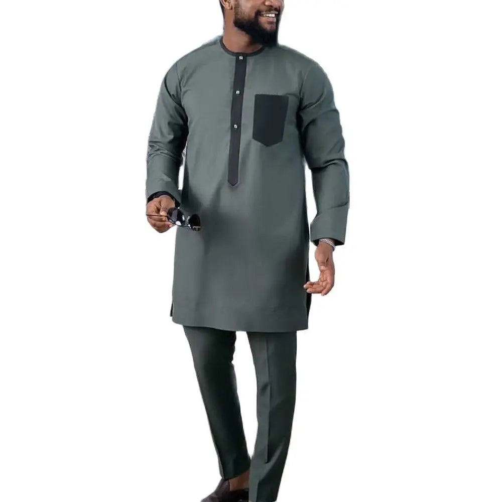 African Men Dashiki Long Sleeve 2 Piece Set Traditional Africa Clothing Suit For Male Shirt Pants Suits Green Free Shipping