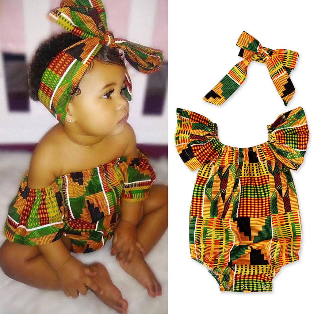 Toddler African Print Off Shoulder Romper+Headband Set Baby Girls Infant Outfits Cute Jumpsuit Hair Band Bodysuits Clothes