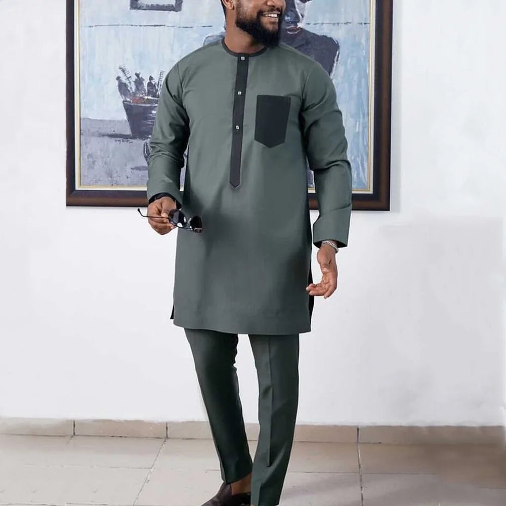 African Men Dashiki Long Sleeve 2 Piece Set Traditional Africa Clothing Suit For Male Shirt Pants Suits Green Free Shipping